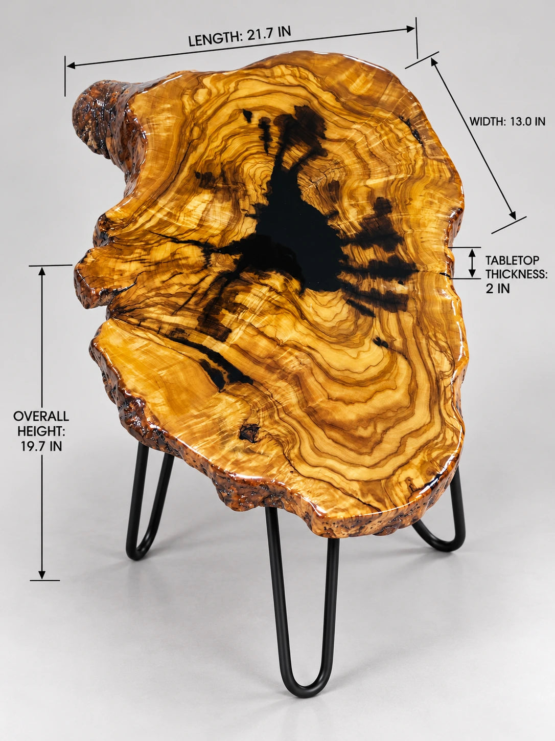 AI-styled view of Zitun Atelier table 021, an olive wood resin side table with black resin splash, on a light background with measurement annotations.