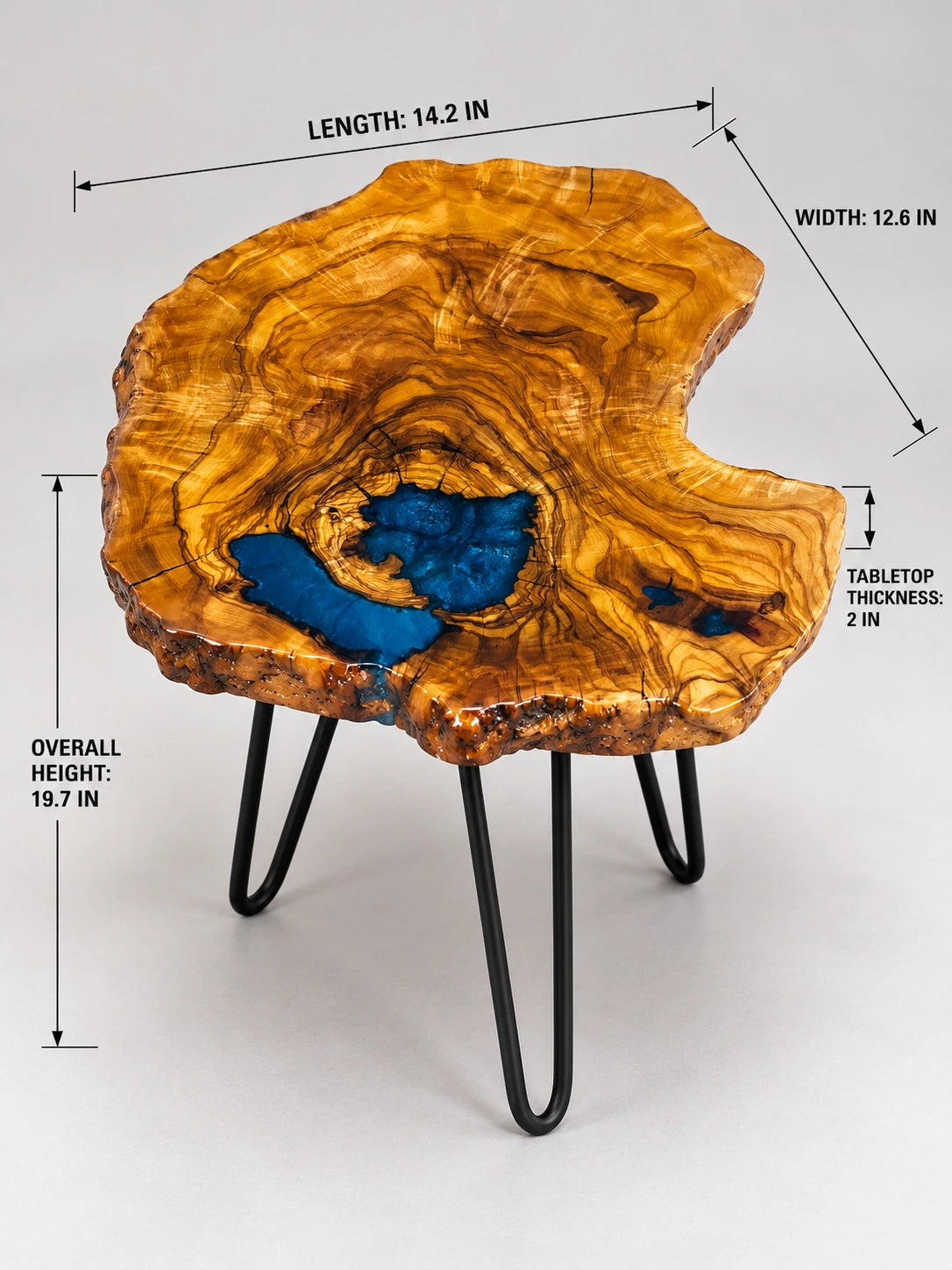 AI-styled view of Zitun Atelier table 022, an olive wood resin side table with blue resin inlay, on a light background with measurement annotations.