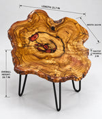 AI-styled view of Zitun Atelier table 023, an olive wood resin side table with copper red resin inlay, on a light background with measurement annotations.