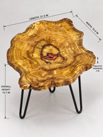 AI-styled view of Zitun Atelier table 024, an olive wood resin side table with copper red resin center, on a light background with measurement annotations.
