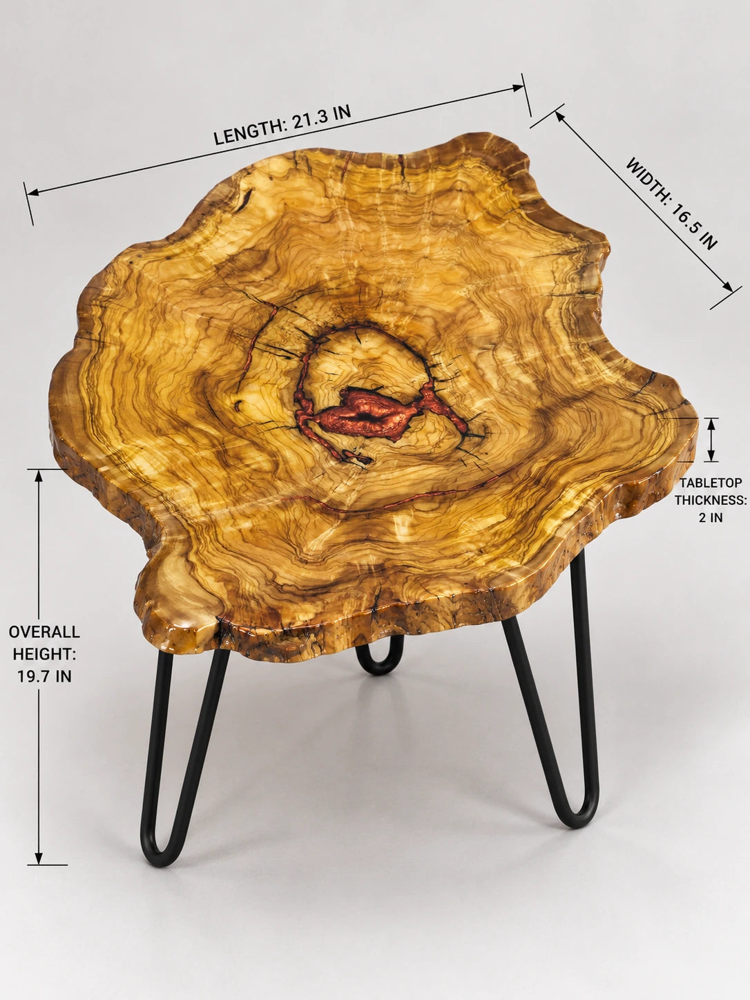 AI-styled view of Zitun Atelier table 024, an olive wood resin side table with copper red resin center, on a light background with measurement annotations.