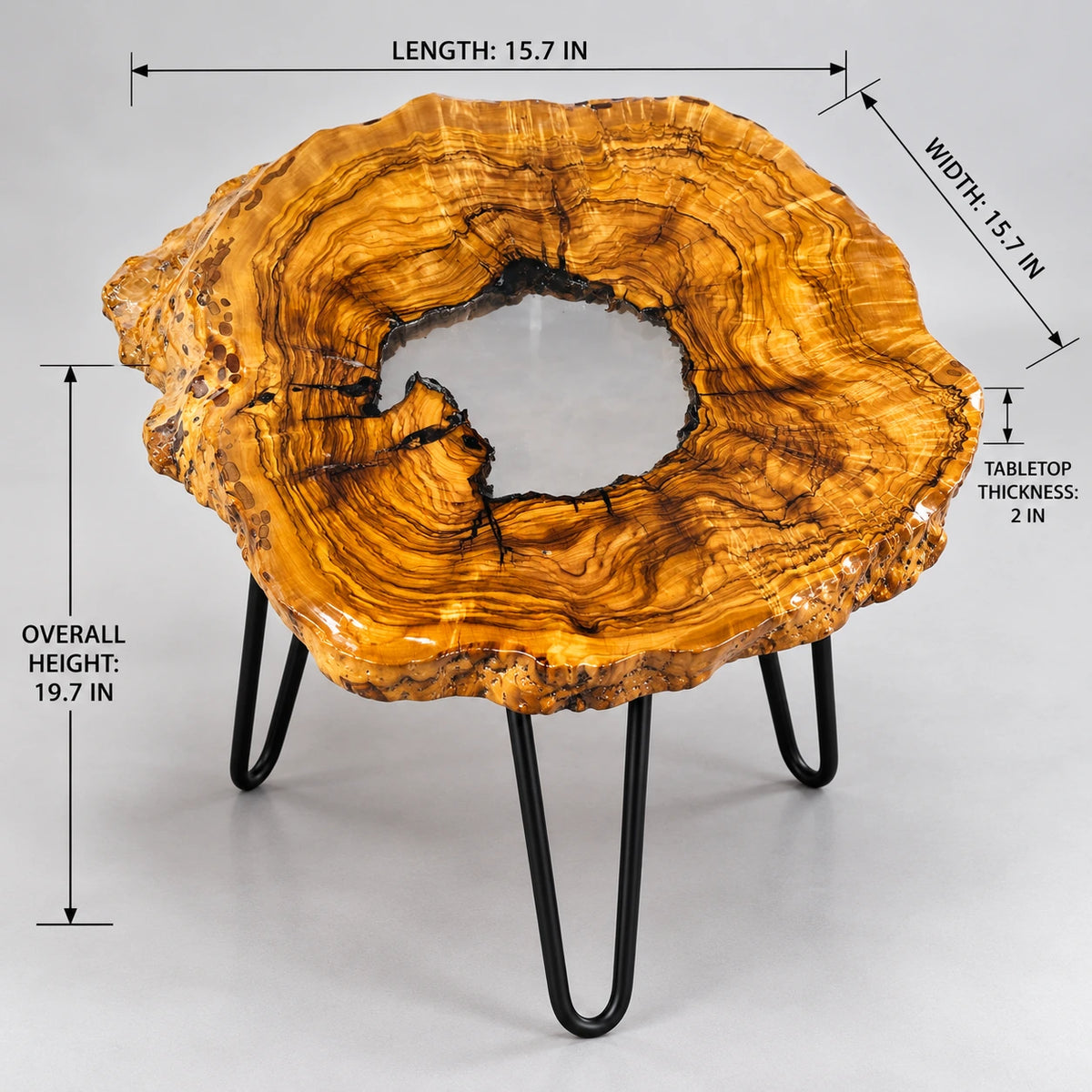 AI-styled view of Zitun Atelier table 025, an olive wood resin side table with white resin center, on a light background with measurement annotations.
