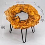 AI-styled view of Zitun Atelier table 025, an olive wood resin side table with white resin center, on a light background with measurement annotations.