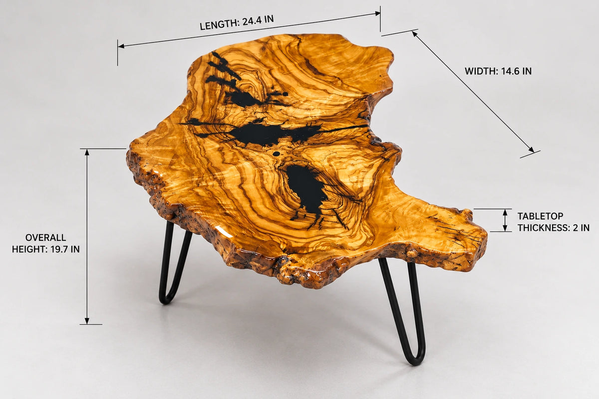 AI-styled view of Zitun Atelier table 026, an olive wood resin side table with black resin veins, on a light background with measurement annotations.
