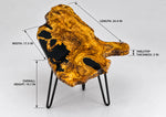AI-styled view of Zitun Atelier table 027, an olive wood resin side table with black resin live edge, on a light background with measurement annotations.