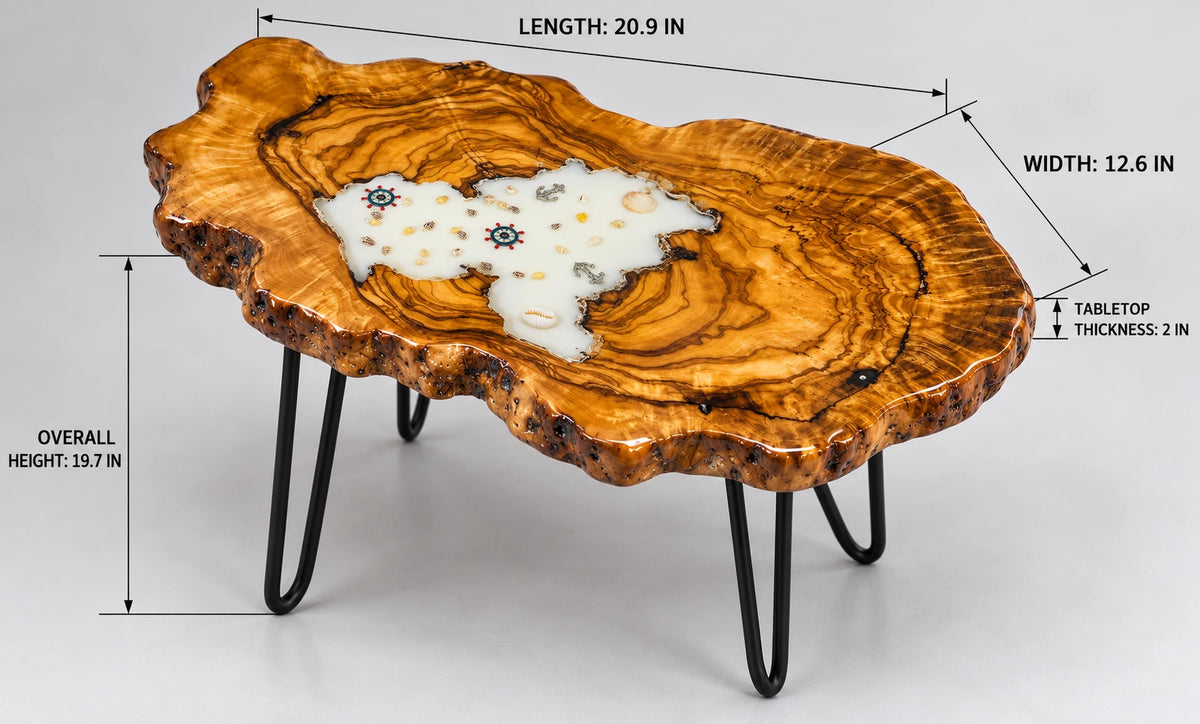 AI-styled view of Zitun Atelier table 028, an olive wood resin side table with white resin nautical charms, on a light background with measurement annotations.
