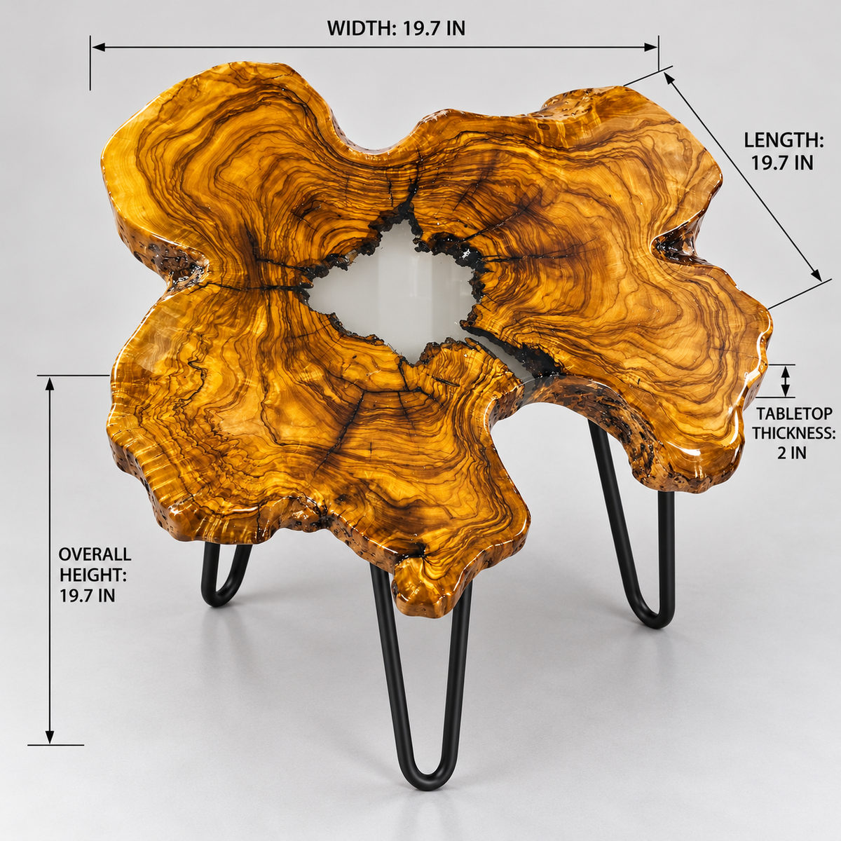 AI-styled view of Zitun Atelier table 029, an olive wood resin side table with white resin center, on a light background with measurement annotations.