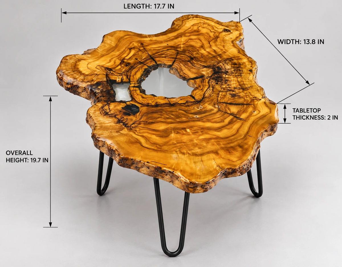 AI-styled view of Zitun Atelier table 030, an olive wood resin side table with white resin center, on a light background with measurement annotations.