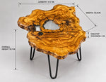 AI-styled view of Zitun Atelier table 030, an olive wood resin side table with white resin center, on a light background with measurement annotations.