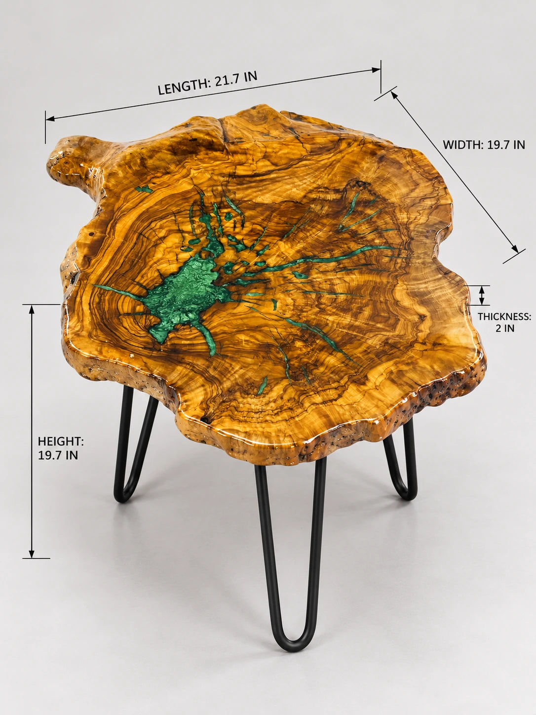 AI-styled view of Zitun Atelier table 031, an olive wood resin side table with emerald green resin veins, on a light background with measurement annotations.