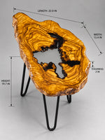 AI-styled view of Zitun Atelier table 032, an olive wood resin side table with white black resin center, on a light background with measurement annotations.