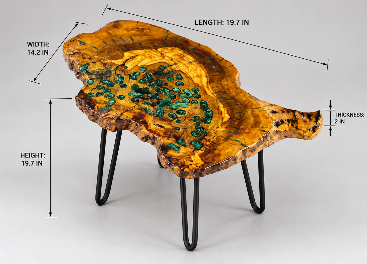 AI-styled view of Zitun Atelier table 033, an olive wood resin side table with green malachite resin, on a light background with measurement annotations.