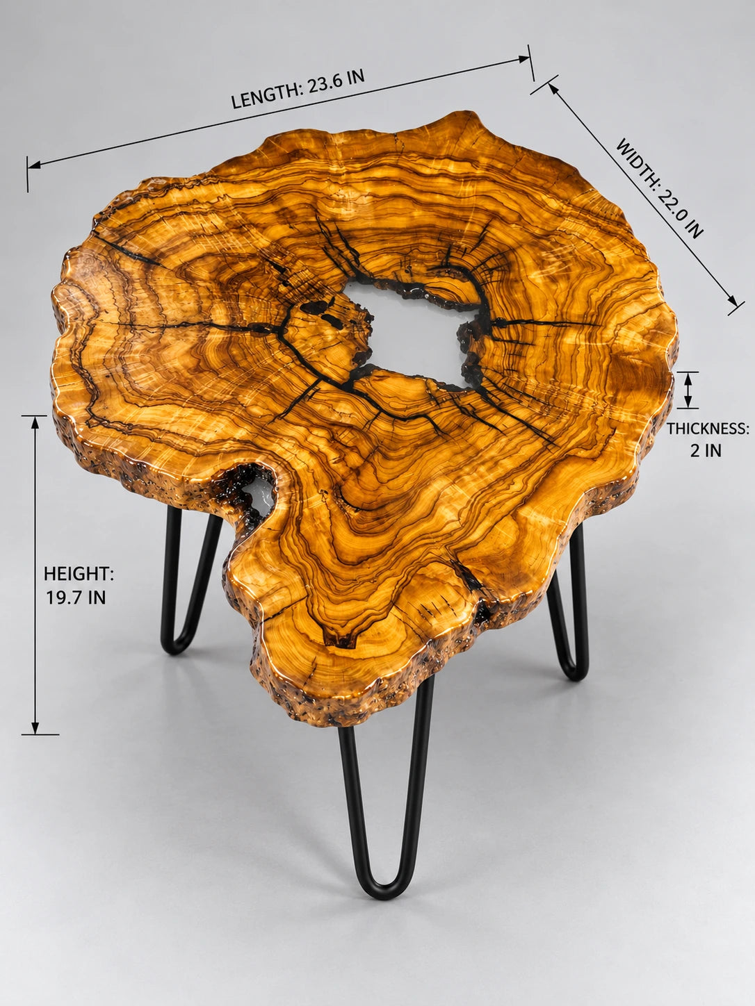 AI-styled view of Zitun Atelier table 035, an olive wood resin side table with white resin center, on a light background with measurement annotations.