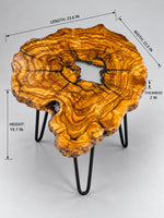AI-styled view of Zitun Atelier table 035, an olive wood resin side table with white resin center, on a light background with measurement annotations.