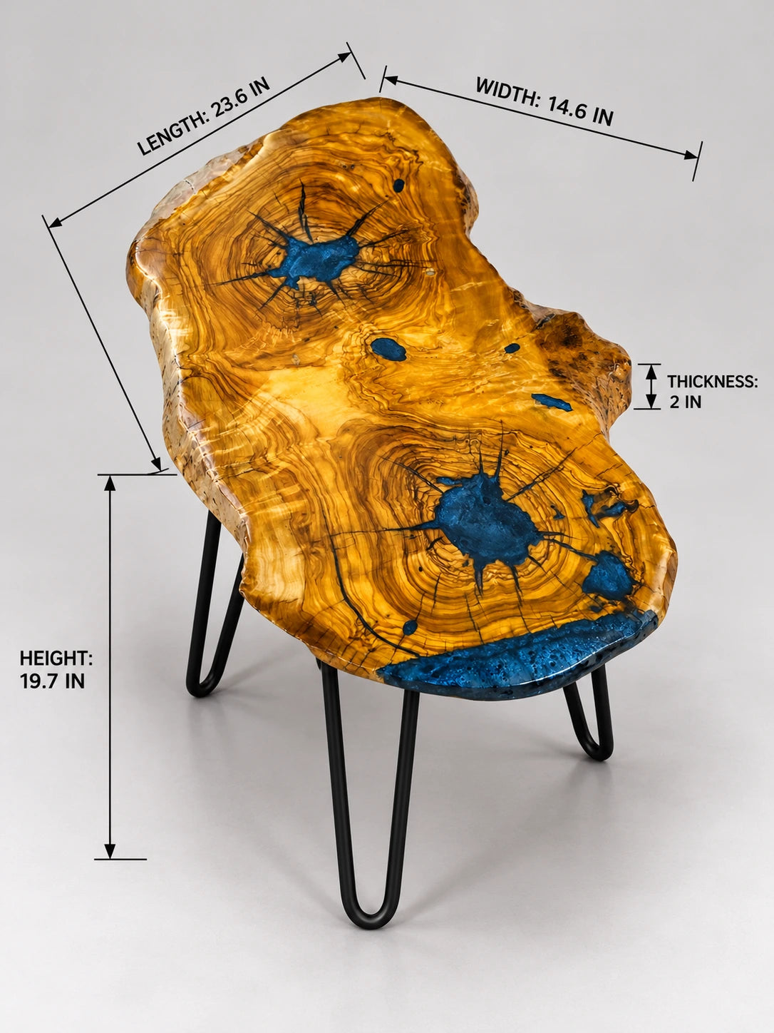AI-styled view of Zitun Atelier table 036, an olive wood resin side table with blue starburst resin, on a light background with measurement annotations.