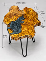 AI-styled view of Zitun Atelier table 039, an olive wood resin side table with grey swirl resin, on a light background with measurement annotations.