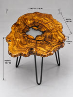 AI-styled view of Zitun Atelier table 041, an olive wood resin side table with white resin center, on a light background with measurement annotations.