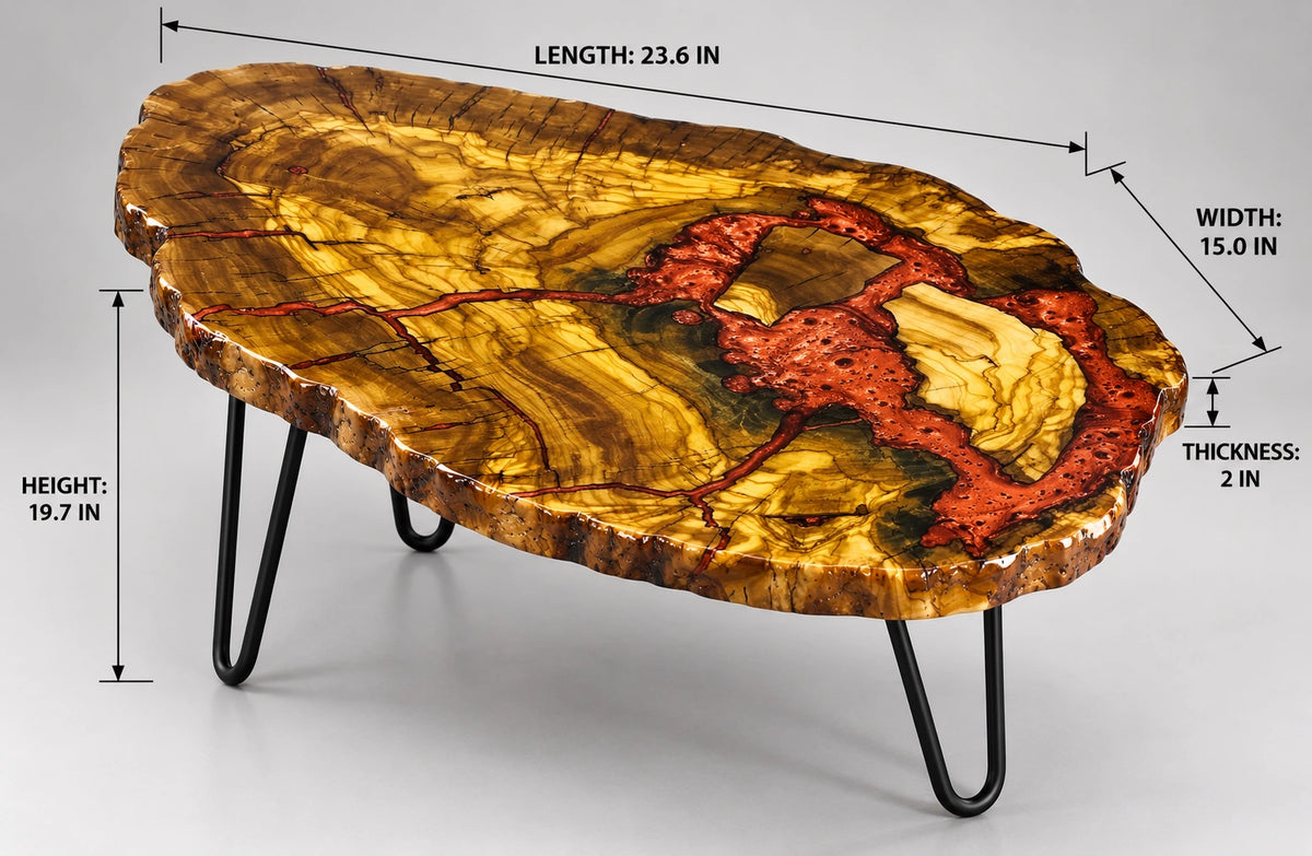 AI-styled view of Zitun Atelier table 042, an olive wood resin side table with red coral resin, on a light background with measurement annotations.