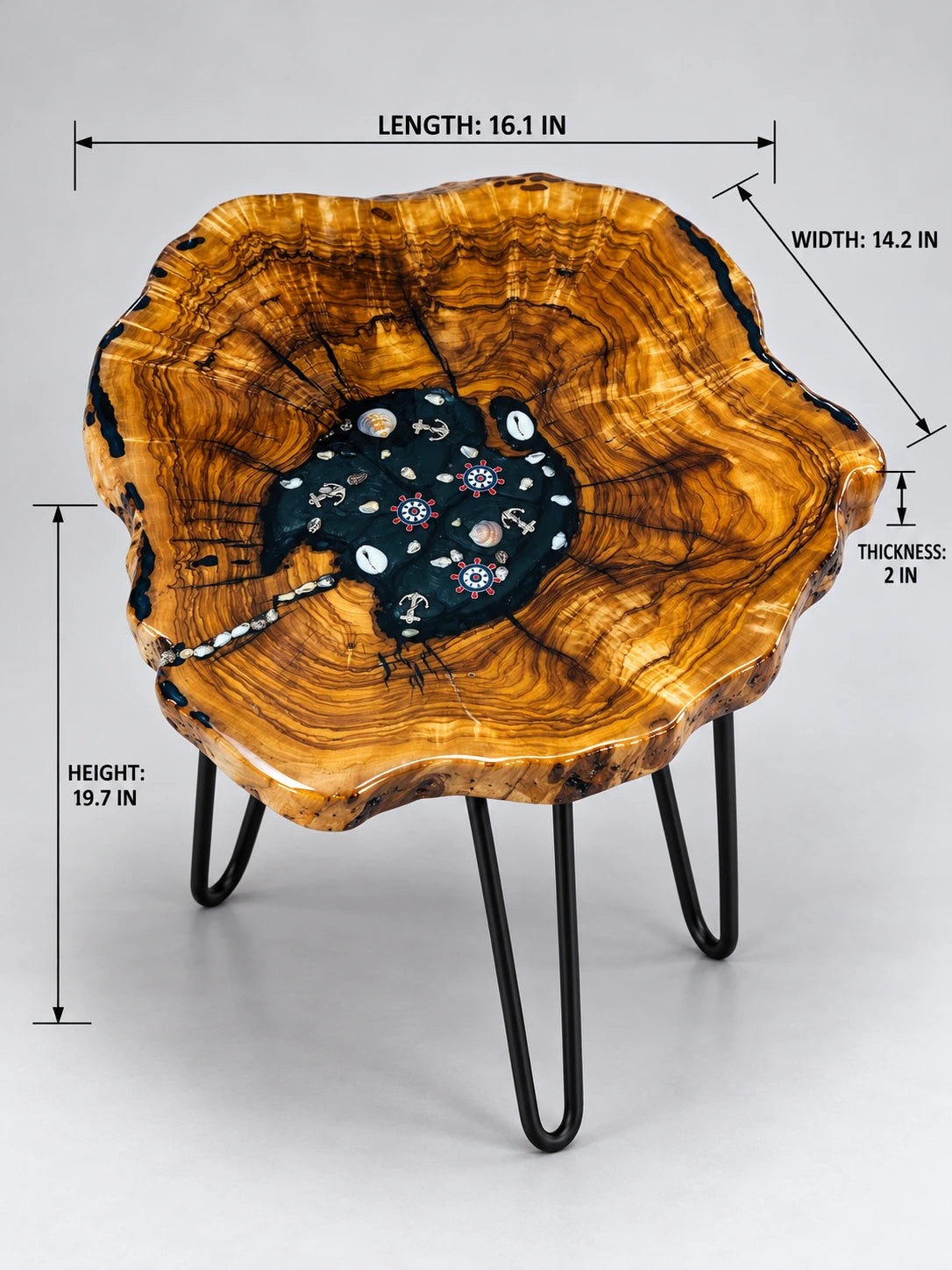 AI-styled view of Zitun Atelier table 044, an olive wood resin side table with black resin nautical charms, on a light background with measurement annotations.