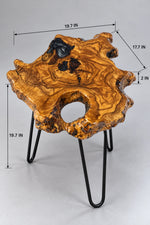 AI-styled view of Zitun Atelier table 048, an olive wood resin side table with burl live edge resin, on a light background with measurement annotations.