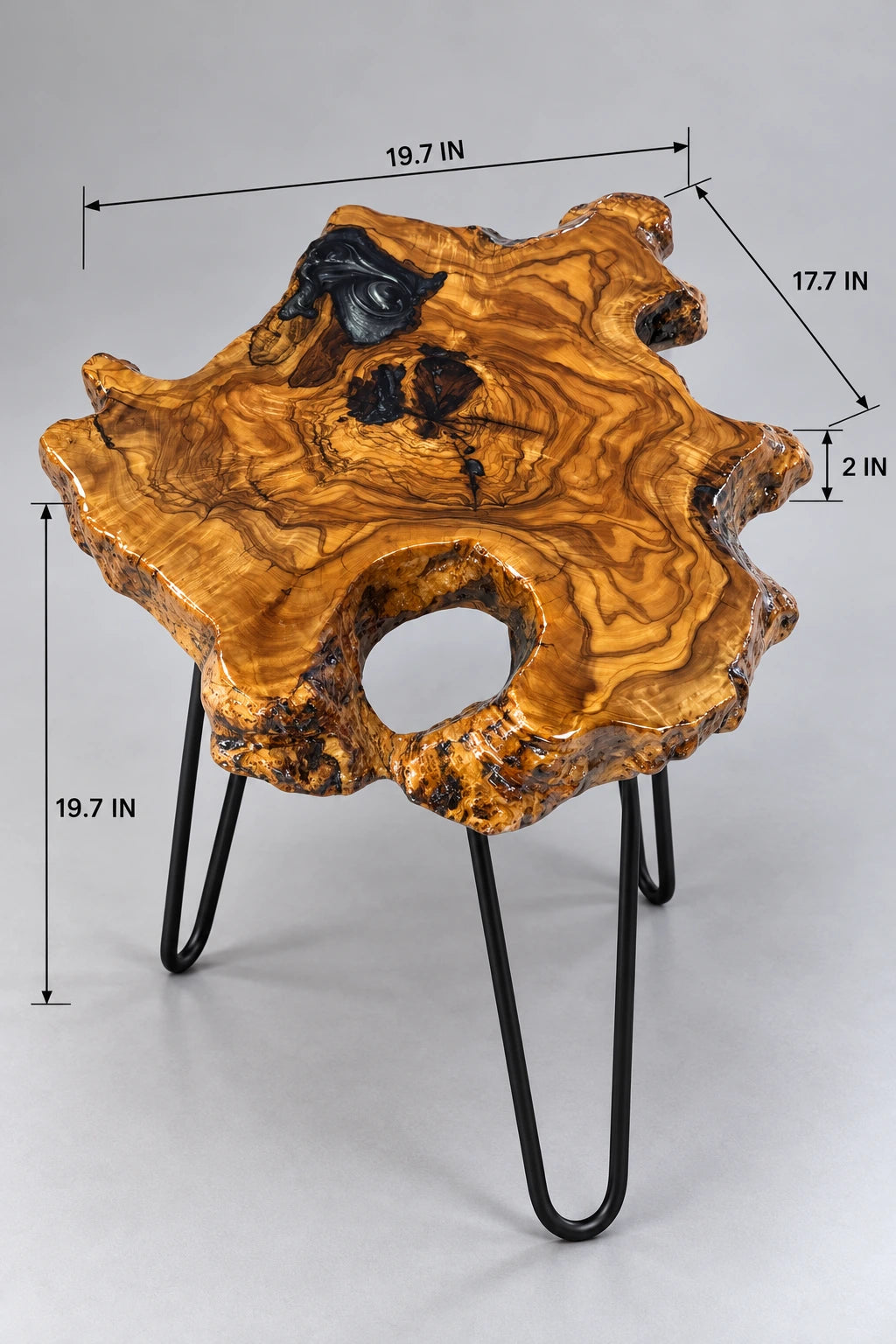 AI-styled view of Zitun Atelier table 048, an olive wood resin side table with burl live edge resin, on a light background with measurement annotations.