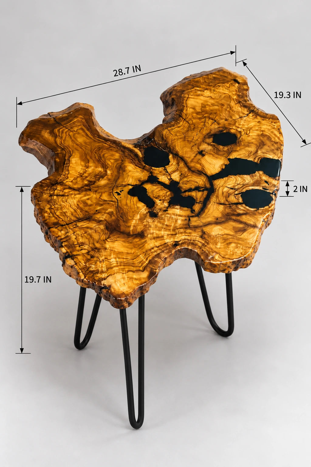 AI-styled view of Zitun Atelier table 049, an olive wood resin small coffee table with black resin spots, on a light background with measurement annotations.