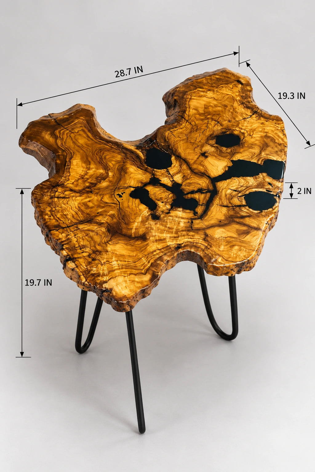 AI-styled view of Zitun Atelier table 049, an olive wood resin small coffee table with black resin spots, on a light background with measurement annotations.
