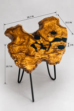 AI-styled view of Zitun Atelier table 049, an olive wood resin small coffee table with black resin spots, on a light background with measurement annotations.