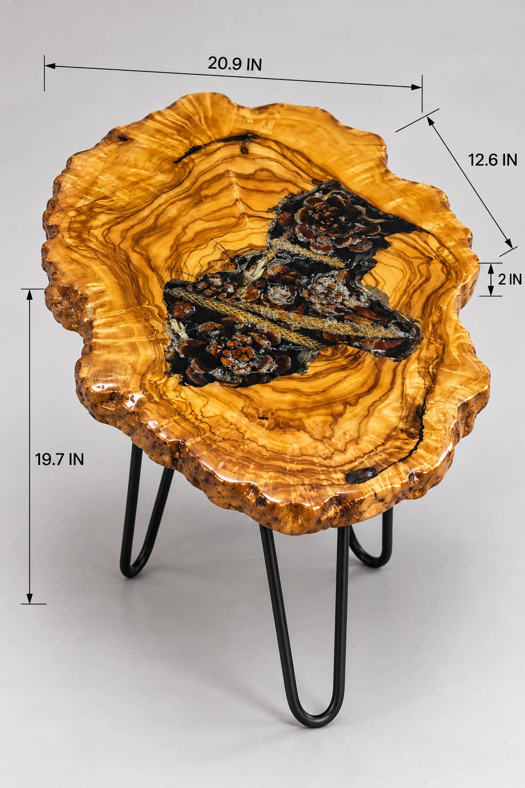 AI-styled view of Zitun Atelier table 053, an olive wood resin side table with pine cone black resin, on a light background with measurement annotations.