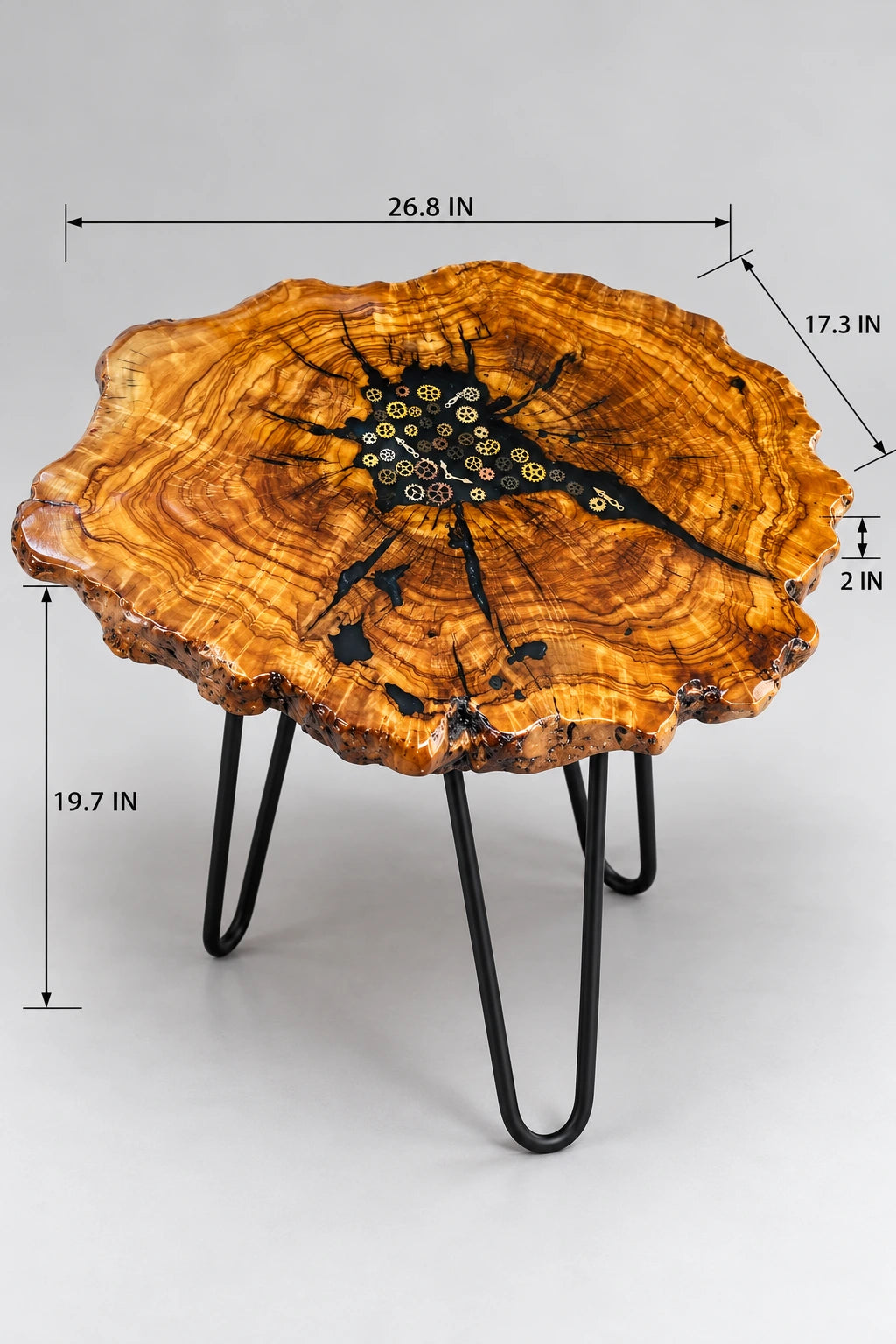 AI-styled view of Zitun Atelier table 055, an olive wood resin small coffee table with black resin clock gears, on a light background with measurement annotations.