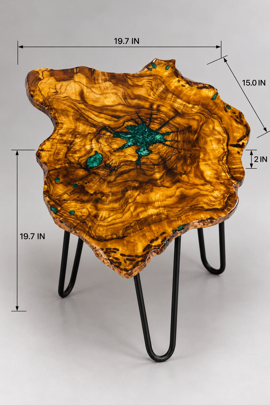 AI-styled view of Zitun Atelier table 057, an olive wood resin side table with emerald green star resin, on a light background with measurement annotations.