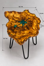 AI-styled view of Zitun Atelier table 057, an olive wood resin side table with emerald green star resin, on a light background with measurement annotations.