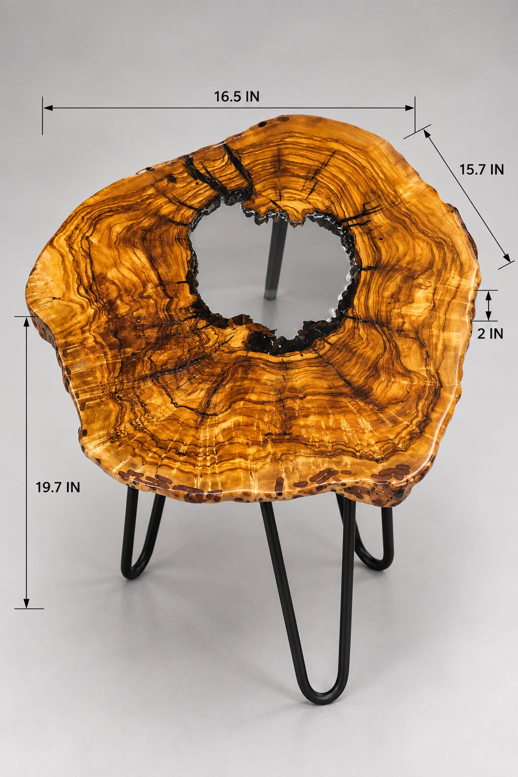AI-styled view of Zitun Atelier table 058, an olive wood resin side table with white resin center, on a light background with measurement annotations.