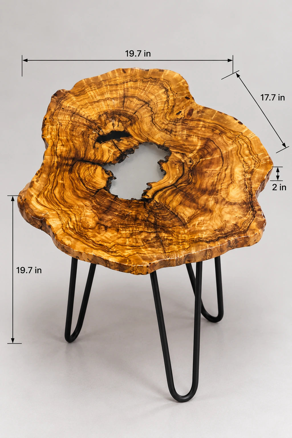 AI-styled view of Zitun Atelier table 059, an olive wood resin side table with white resin center, on a light background with measurement annotations.