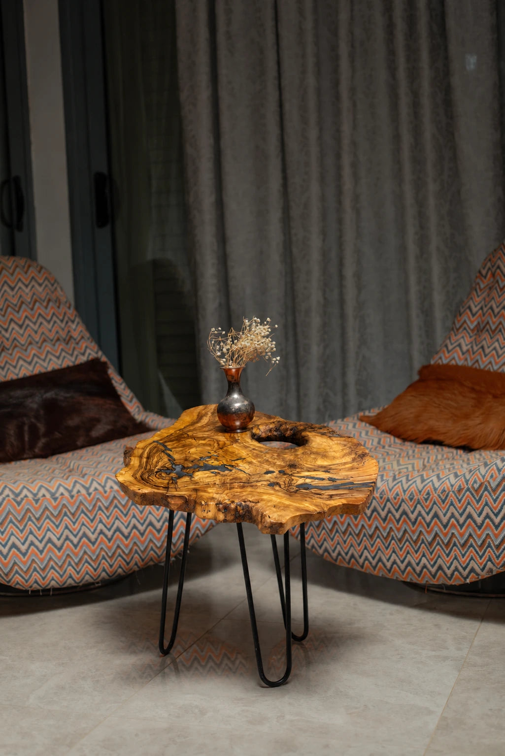 Live Edge Olive Wood Resin Side Table – Dark Blue Resin Veins, 22.8 × 18.5 in (One of a Kind, T60) zitun-atelier-060-olive-wood-resin-side-table-photo-03
