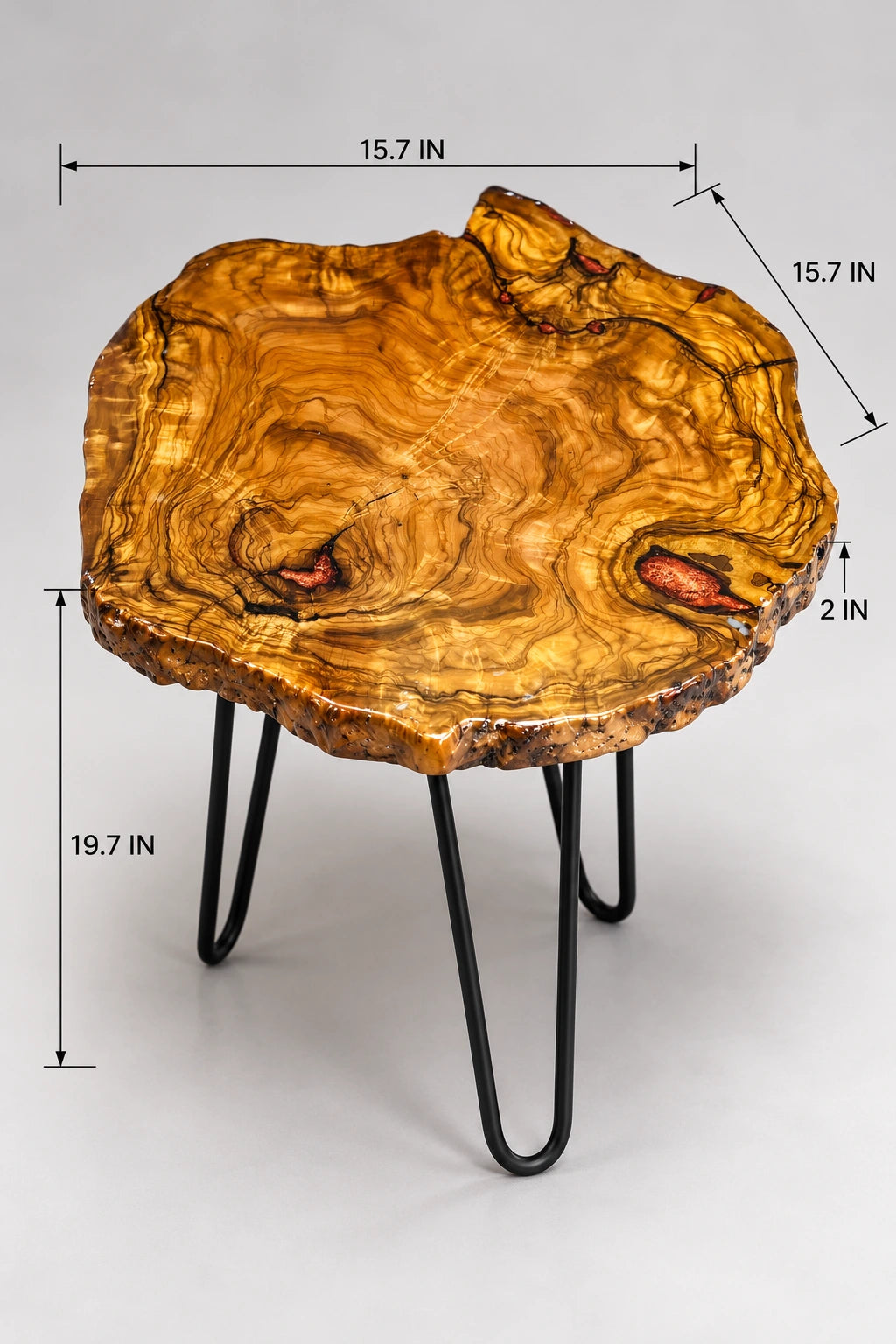 AI-styled view of Zitun Atelier table 061, an olive wood resin side table with copper resin inlay, on a light background with measurement annotations.
