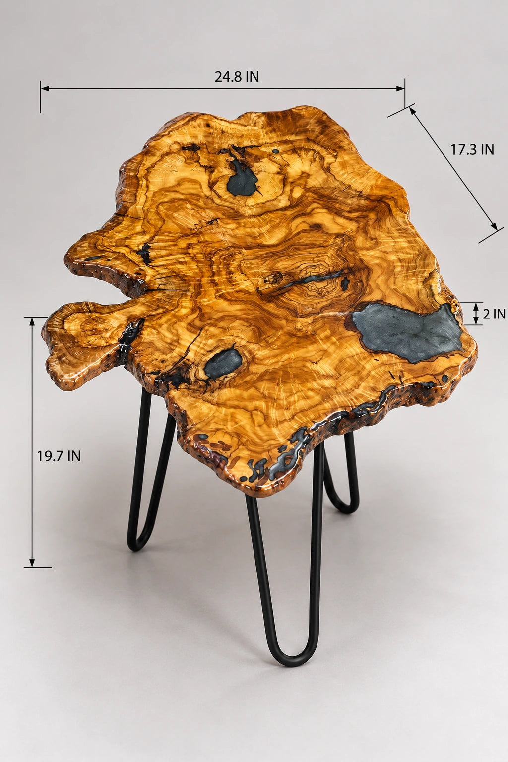 AI-styled view of Zitun Atelier table 062, an olive wood resin side table with blue resin pools, on a light background with measurement annotations.
