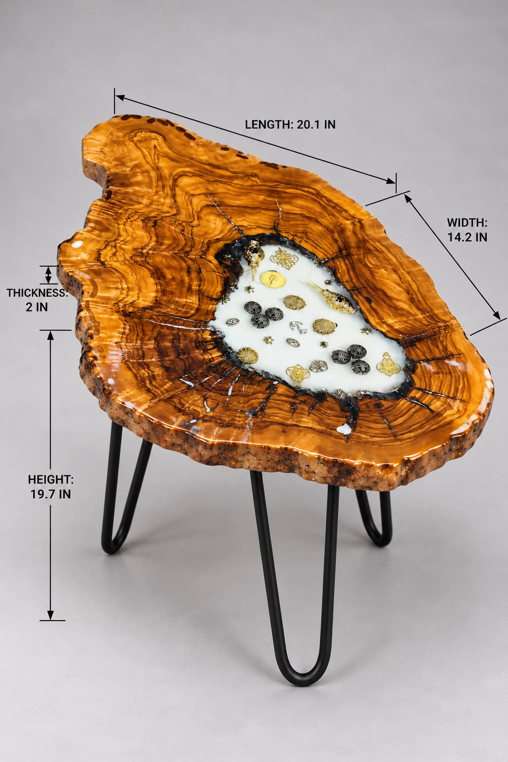 AI-styled view of Zitun Atelier table 063, an olive wood resin side table with white resin vintage coins, on a light background with measurement annotations.