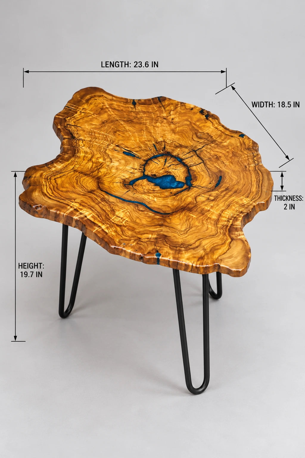 AI-styled view of Zitun Atelier table 065, an olive wood resin side table with blue resin ring, on a light background with measurement annotations.