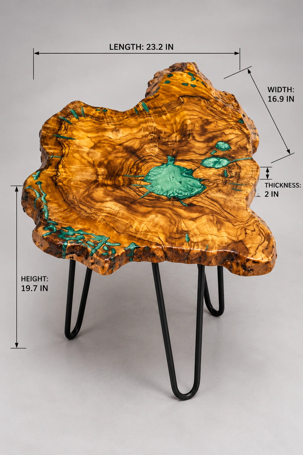 AI-styled view of Zitun Atelier table 067, an olive wood resin side table with turquoise green resin, on a light background with measurement annotations.