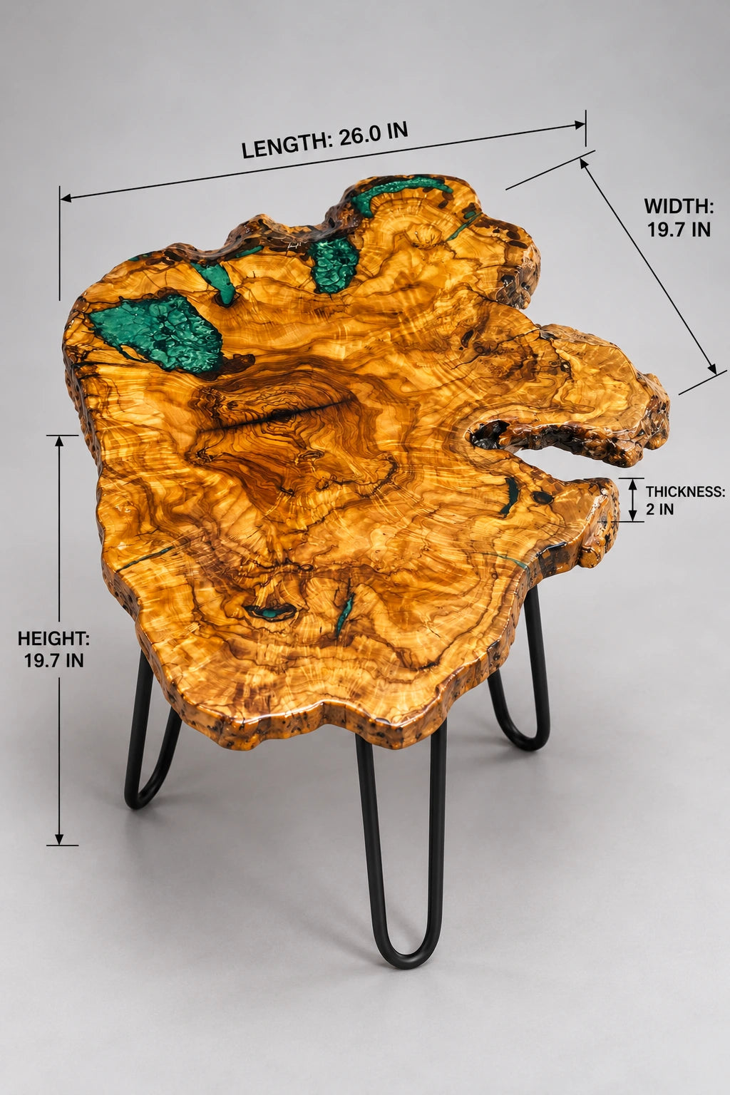 AI-styled view of Zitun Atelier table 068, an olive wood resin small coffee table with emerald green resin edge, on a light background with measurement annotations.