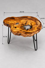 AI-styled view of Zitun Atelier table 069, an olive wood resin side table with white resin center, on a light background with measurement annotations.