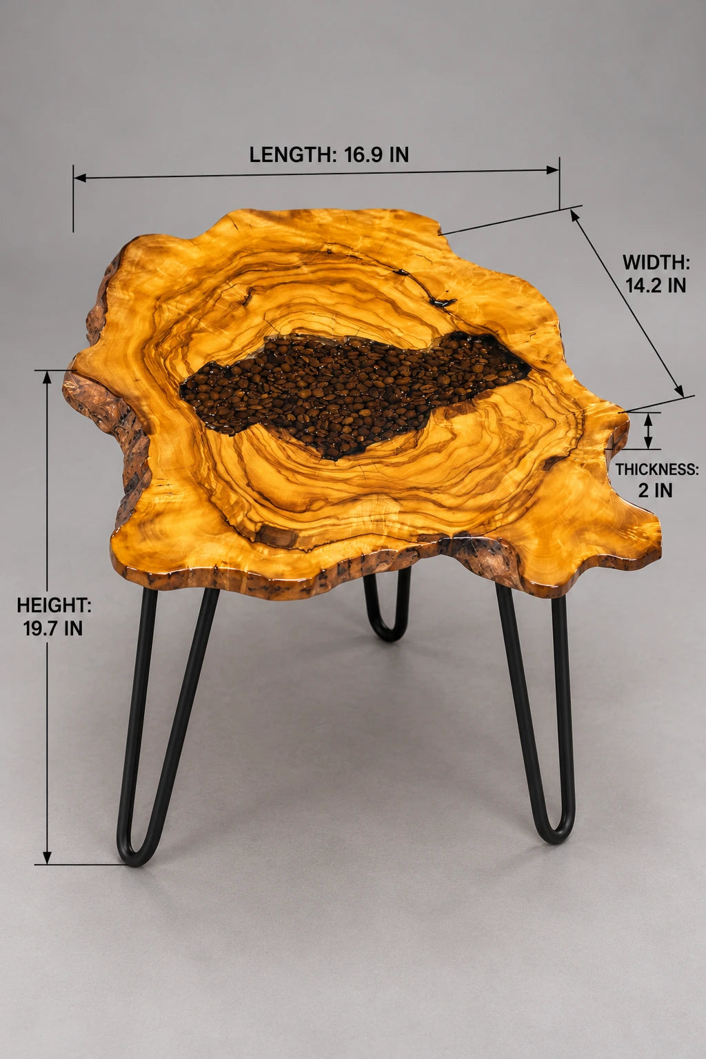 AI-styled view of Zitun Atelier table 070, an olive wood resin side table with coffee bean resin, on a light background with measurement annotations.