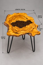 AI-styled view of Zitun Atelier table 070, an olive wood resin side table with coffee bean resin, on a light background with measurement annotations.