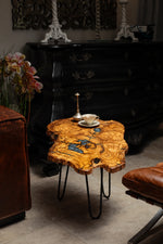 Live Edge Olive Wood Resin Side Table – Blue Resin Veins, 22.8 × 16.1 in (One of a Kind, T71) zitun-atelier-071-olive-wood-resin-side-table-photo-01