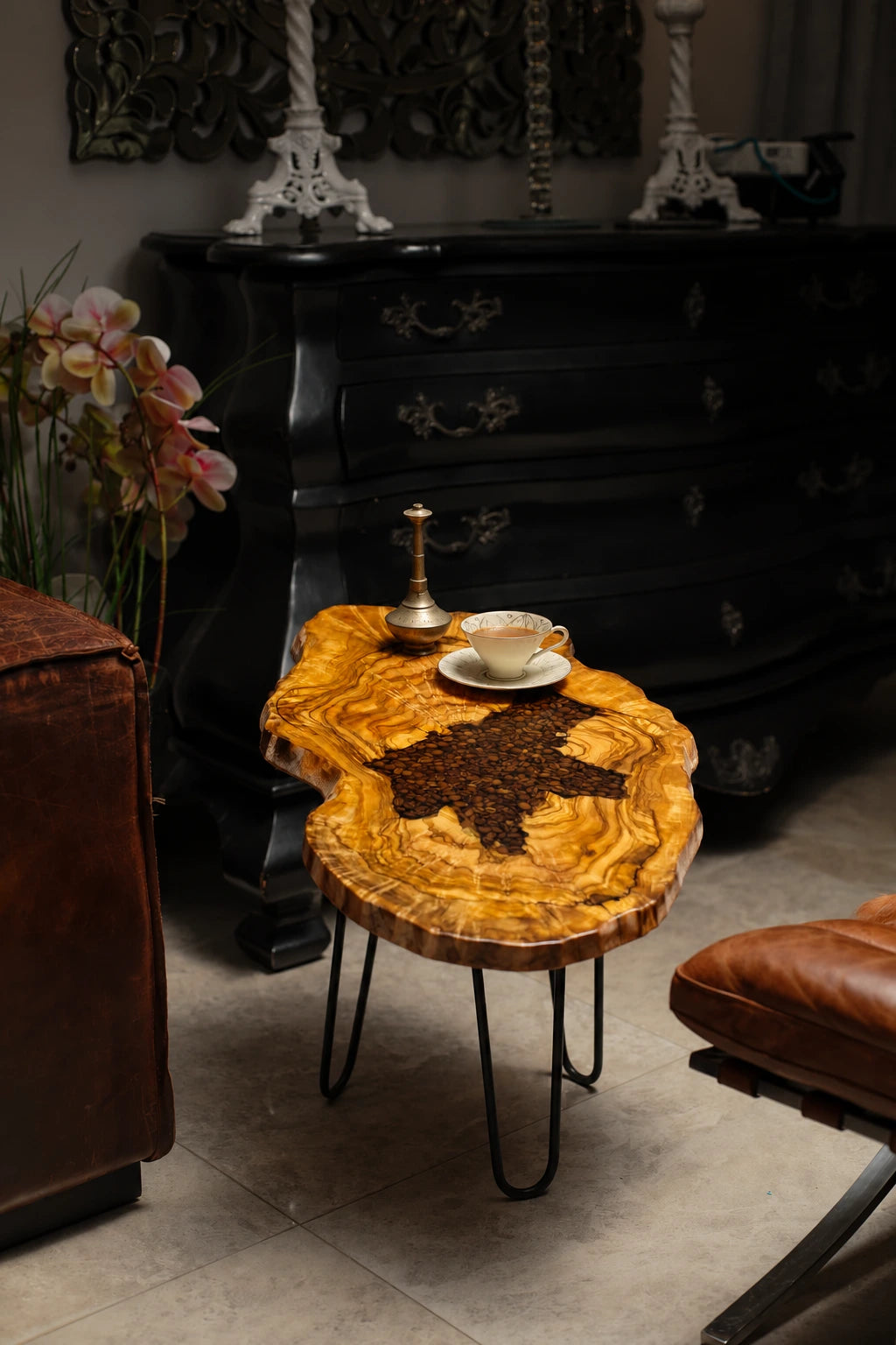 Live Edge Olive Wood Resin Side Table – Coffee Bean Resin, 20.9 × 13.4 in (One of a Kind, T72) zitun-atelier-072-olive-wood-resin-side-table-photo-01