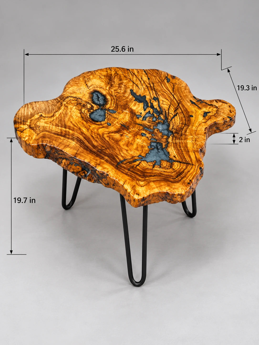 AI-styled view of Zitun Atelier table 073, an olive wood resin small coffee table with blue grey resin, on a light background with measurement annotations.