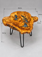 AI-styled view of Zitun Atelier table 073, an olive wood resin small coffee table with blue grey resin, on a light background with measurement annotations.