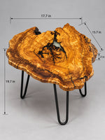 AI-styled view of Zitun Atelier table 074, an olive wood resin side table with black resin veins, on a light background with measurement annotations.