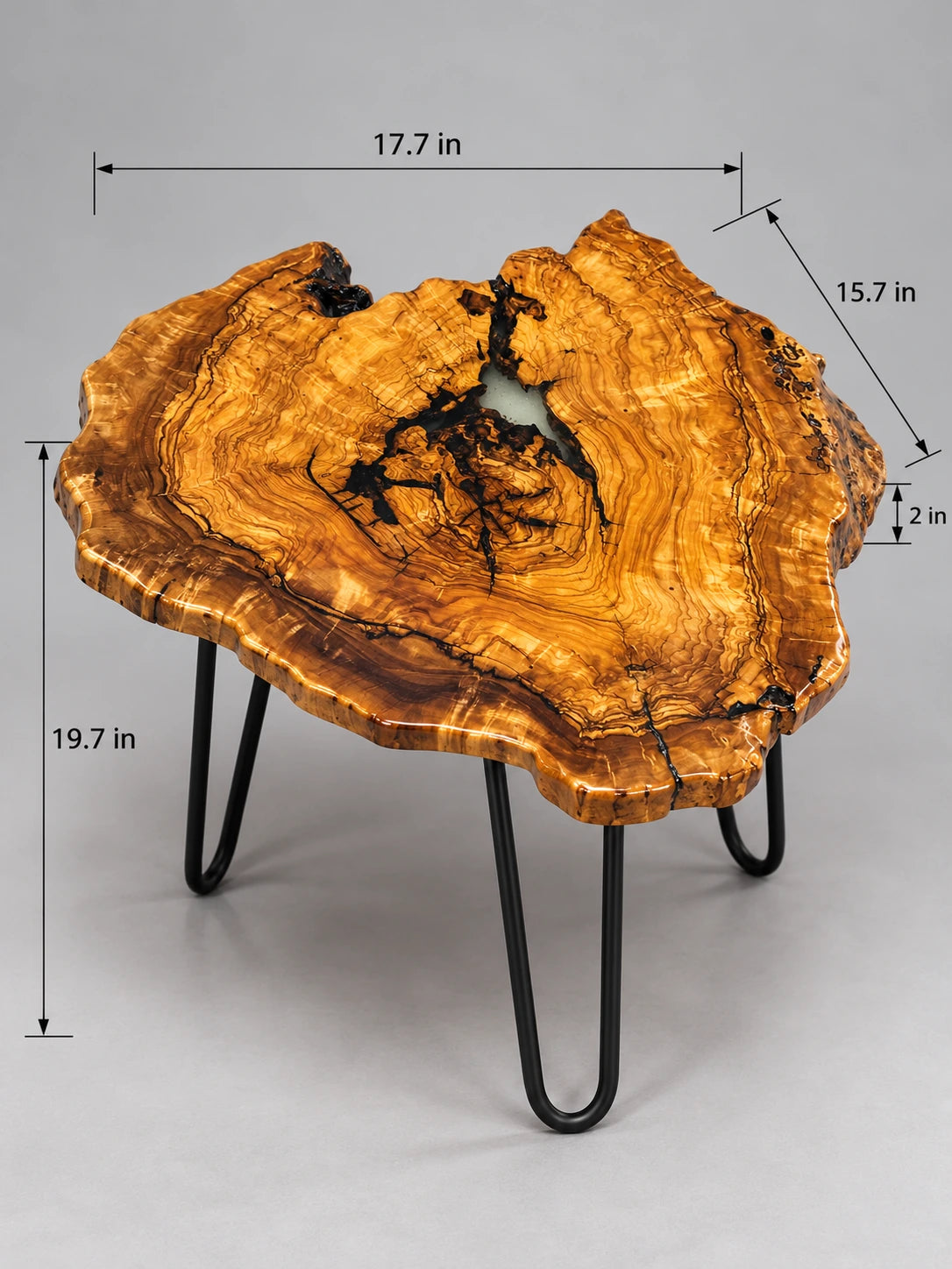 AI-styled view of Zitun Atelier table 074, an olive wood resin side table with black resin veins, on a light background with measurement annotations.